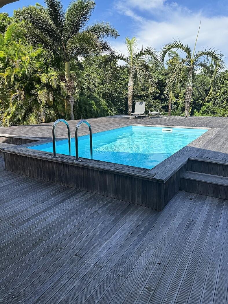 Piscine privée sur son deck en bois entourée de palmiers